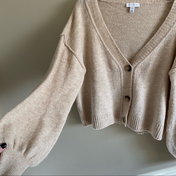 Topshop Oatmeal Tan Beige  Balloon Sleeve Drop Shoulder Cropped Cardigan Small - Picture 3 of 9